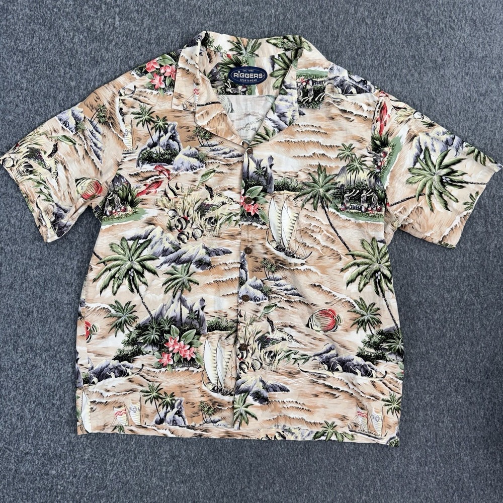 Vintage Riggers Hawaiian Shirt Mens L Beige Tropical Aloha Beach Button Up Retro